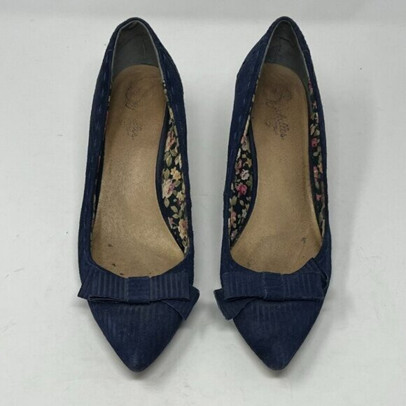 Seychelles women's Apostrophe blue corduroy kitten heel pumps 11 shoes bow - Picture 1 of 10